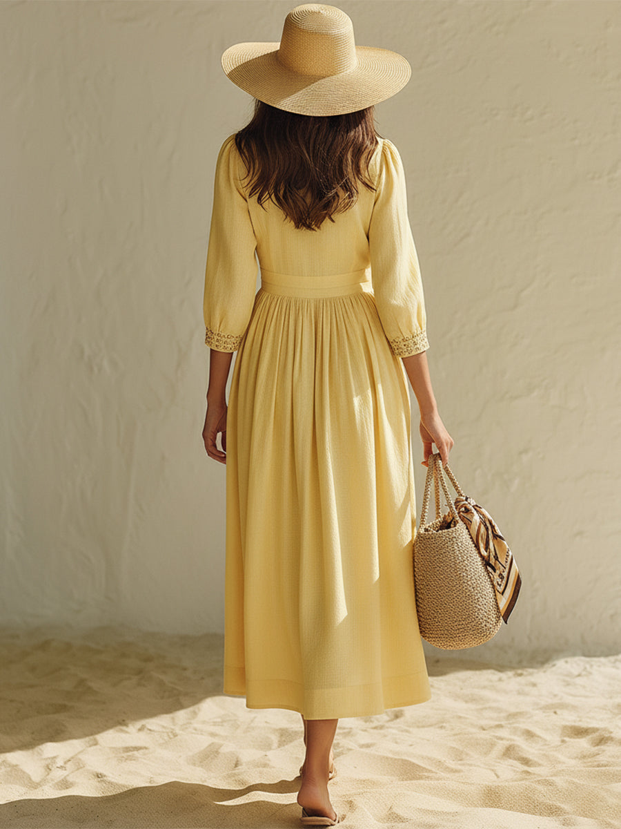 Mediterranean Romantic Pale Yellow Cotton Linen Embroidered V-Neck Midi Dress