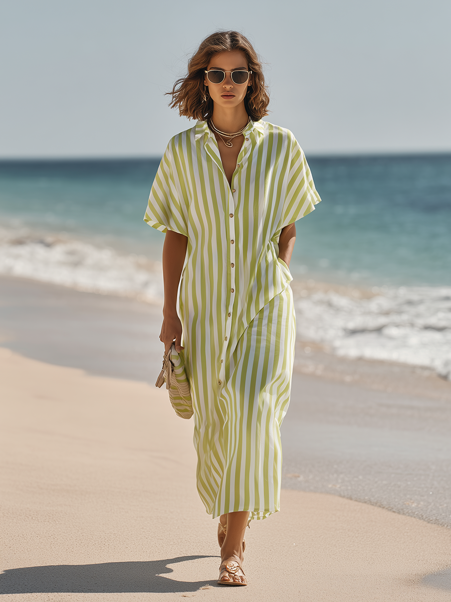 Resort-style Green Striped Loose Maxi Dress