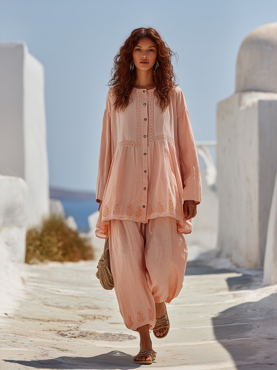Bohemian Style Pink Embroidered Long-sleeved Shirt And Trousers Set