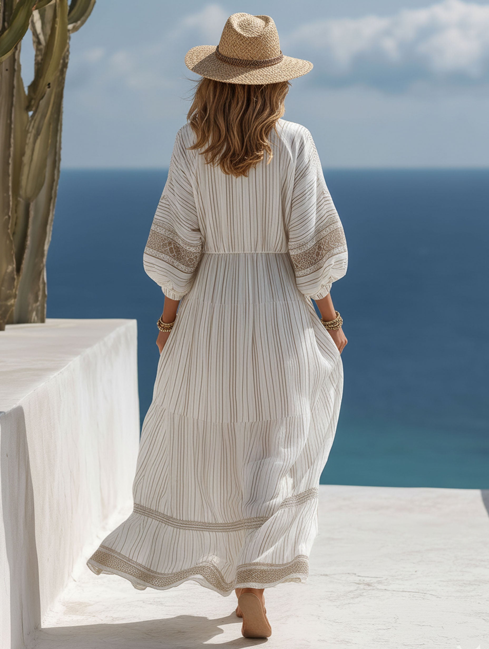 Resort Striped Chiffon Print V-Neck Long-Sleeve Maxi Dresses