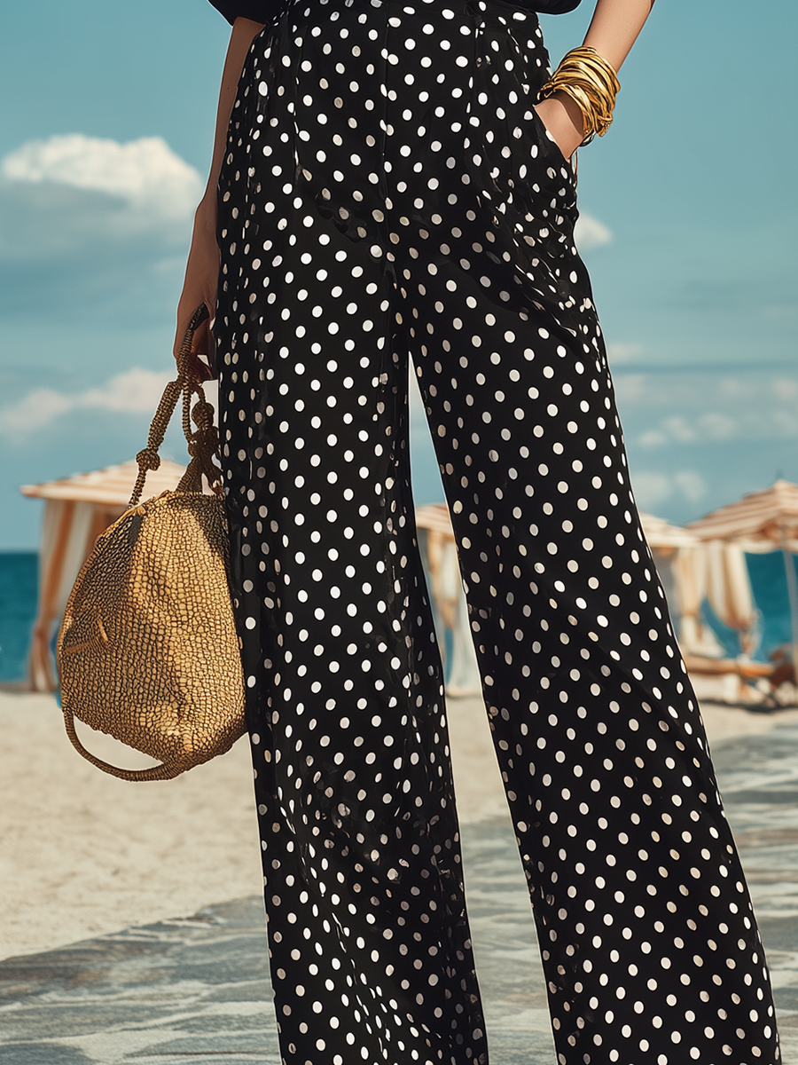Resort-style Black V-neck Short-sleeved Top And Polka Dot Wide-leg Pants Set