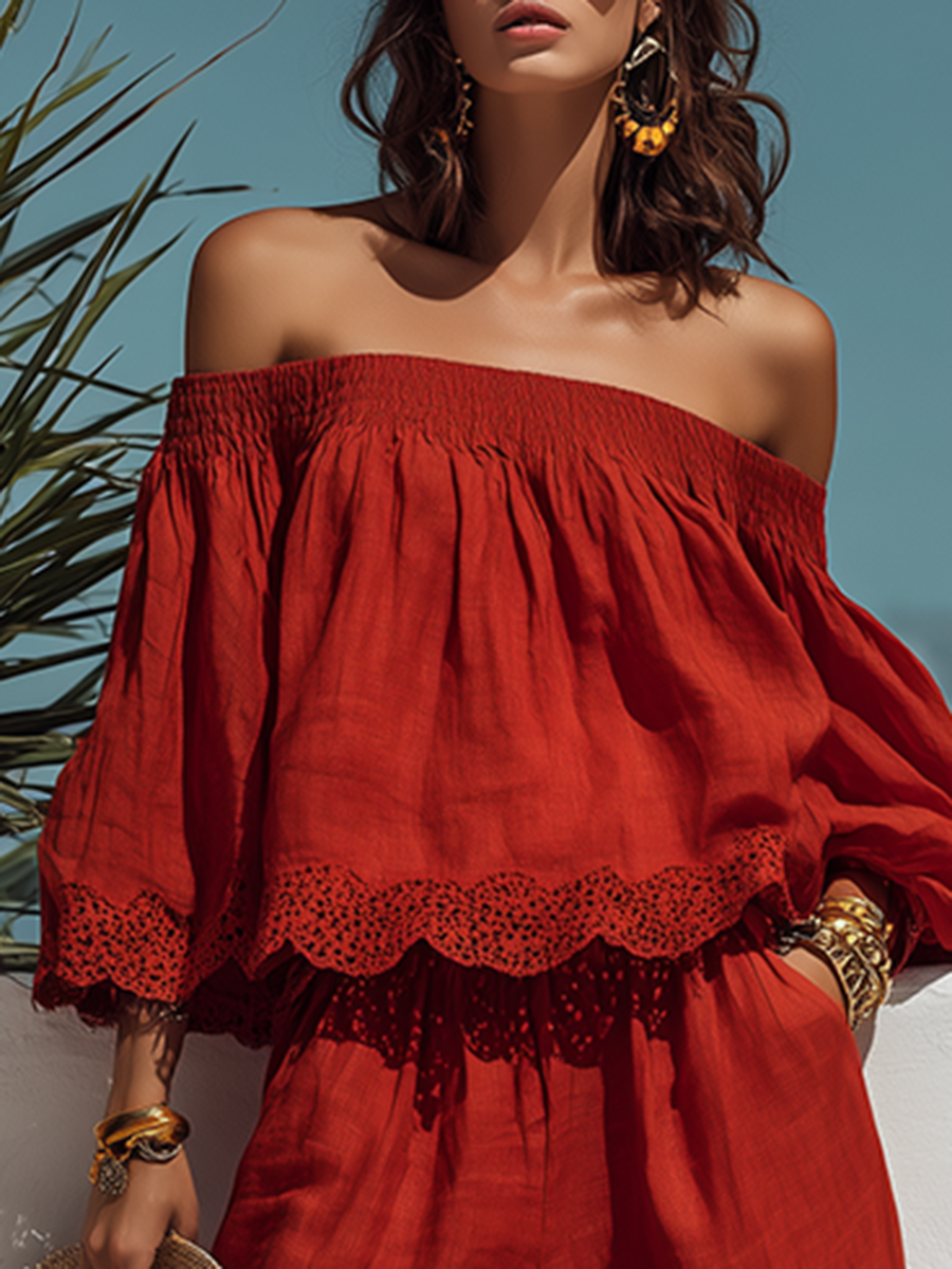 Elegant Bohemian Lace-trimmed Off-the-shoulder Top And Wide-leg Pants Red Set