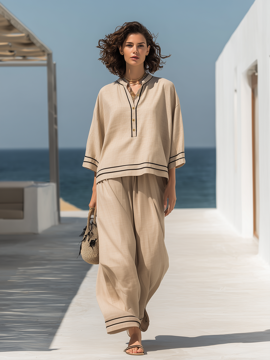Vacation-style Beige V-neck Cotton And Linen Long-sleeved Top And Trousers Set