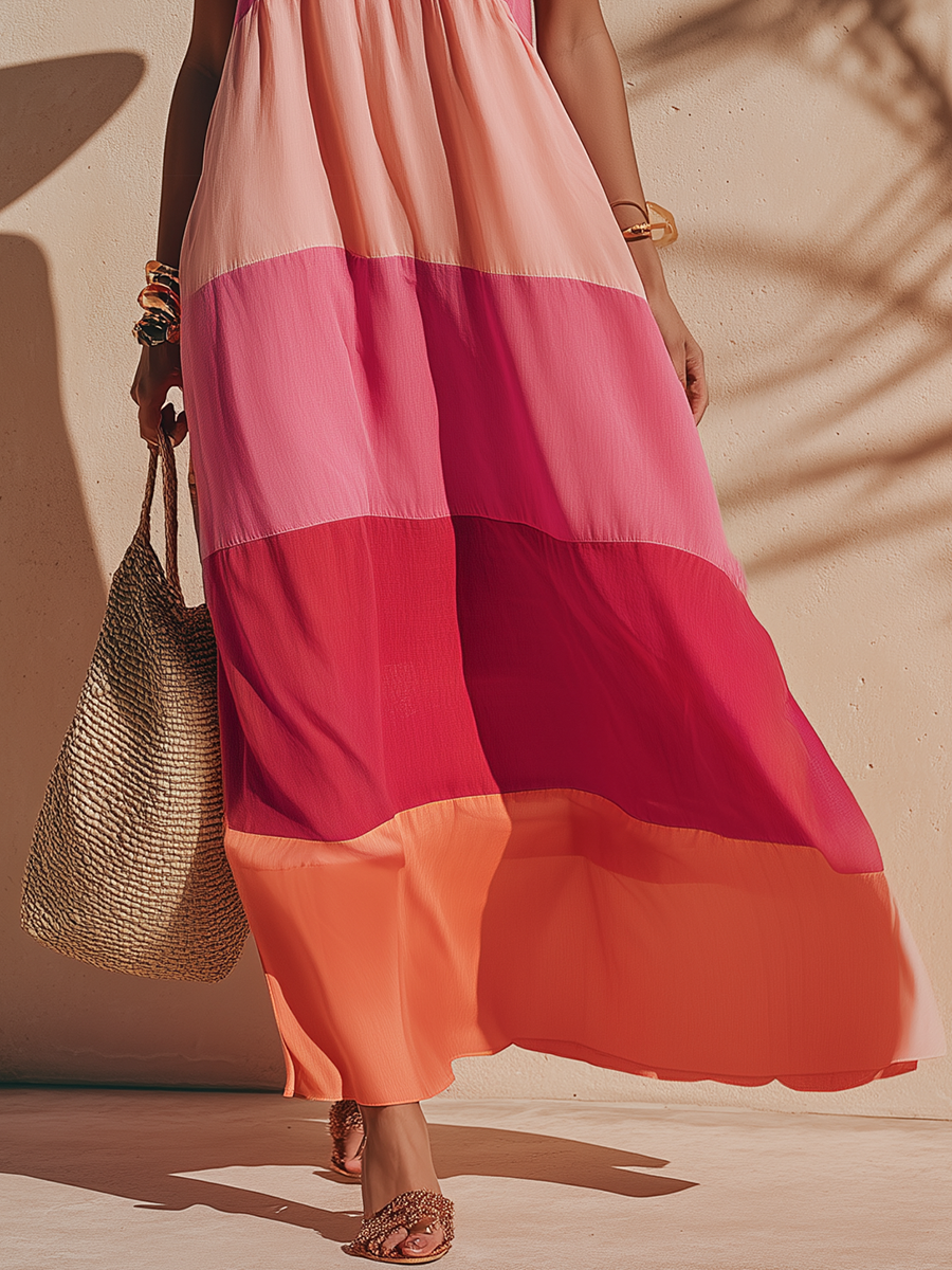 Colorful Vacation-style Patchwork Shoulder Bow Tie Straps Maxi Dress