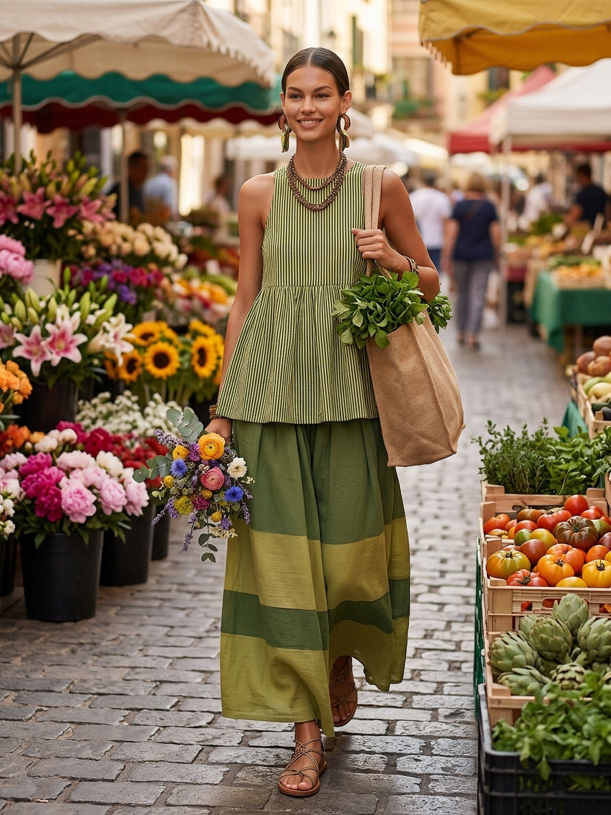 Retro-chic Striped Top And Color-blocked Wide-leg Pants