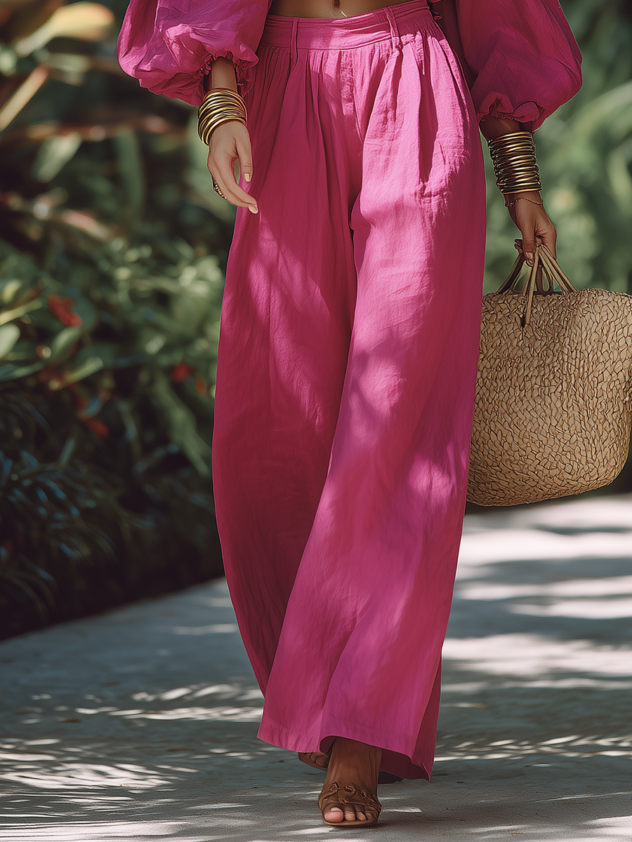 Romantic Vacation Style Cotton Off-the-shoulder Top And Wide-leg Pants Set