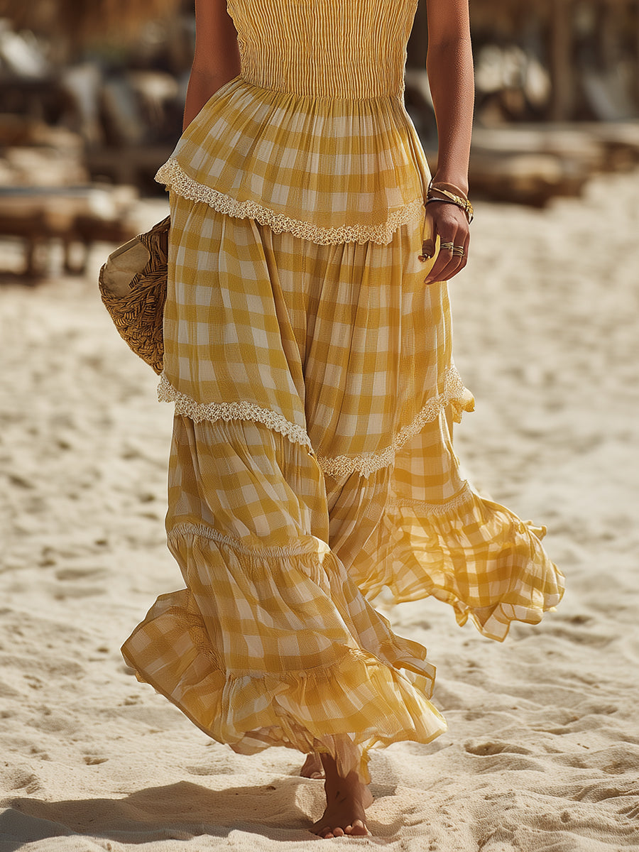Romantic Bohemian Yellow Plaid Lace-Trimmed Ruffled Square Neck Sleeveless Midi Dress