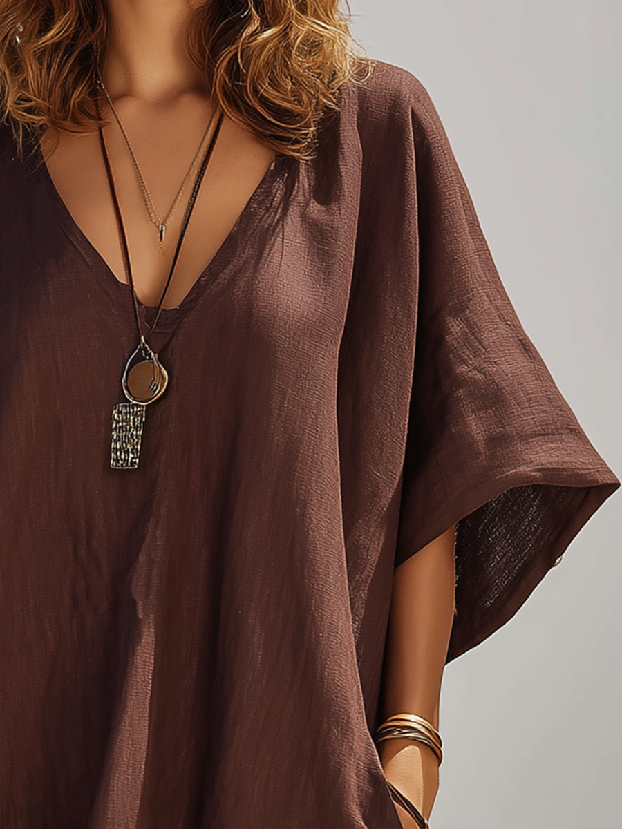 Resort-style Brown V-neck Short-sleeved Loose Maxi Dress