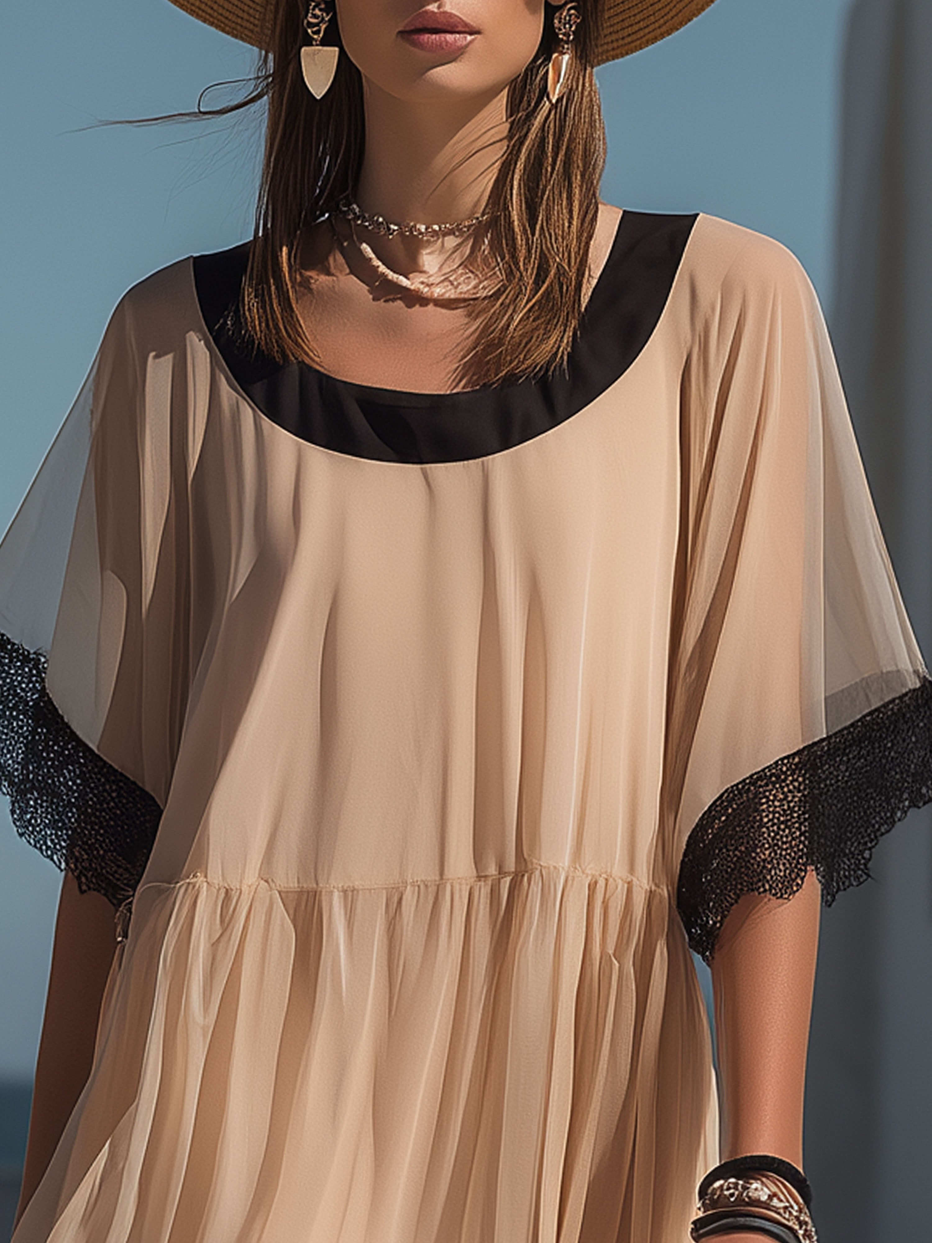 Vacation Black Lace-Trimmed Champagne-Colored Short-Sleeved Maxi Dress