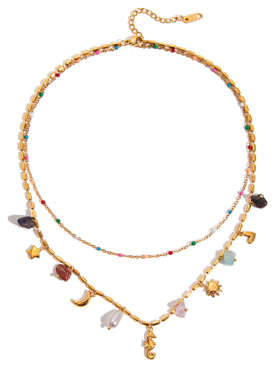 Vintage Bohemian Style Natural Pebble Double-Layer Seahorse Pendant Stacking Necklace