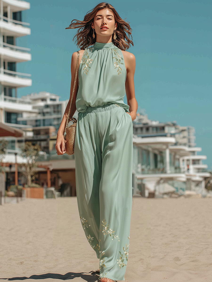 Vacation-style Cotton Sleeveless Turtleneck Embroidered Top And Pants Set