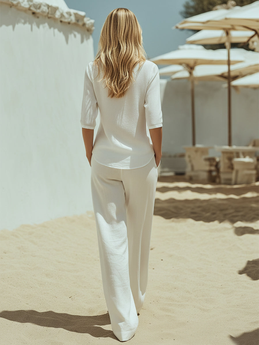 Mediterranean Minimalist Lace Trim White Cotton Linen V-neck Top And Pants Set