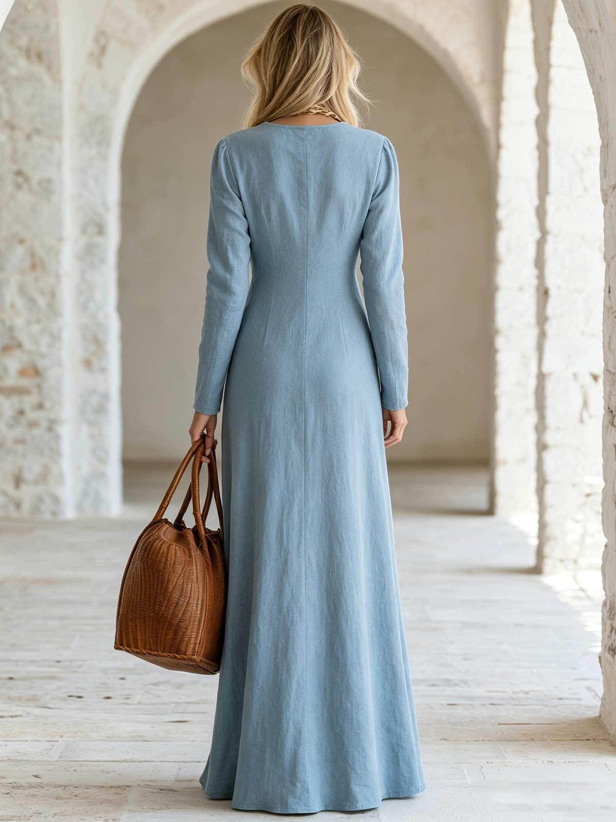Chic Old Money Style Long-Sleeve Blue Cotton-Linen Maxi Dress