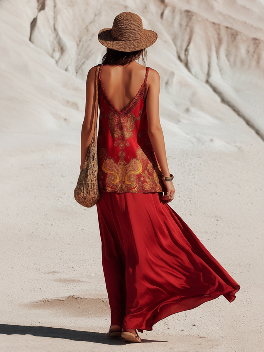 Hot Vacation-style Printed Top And Skirt Red Satin Set