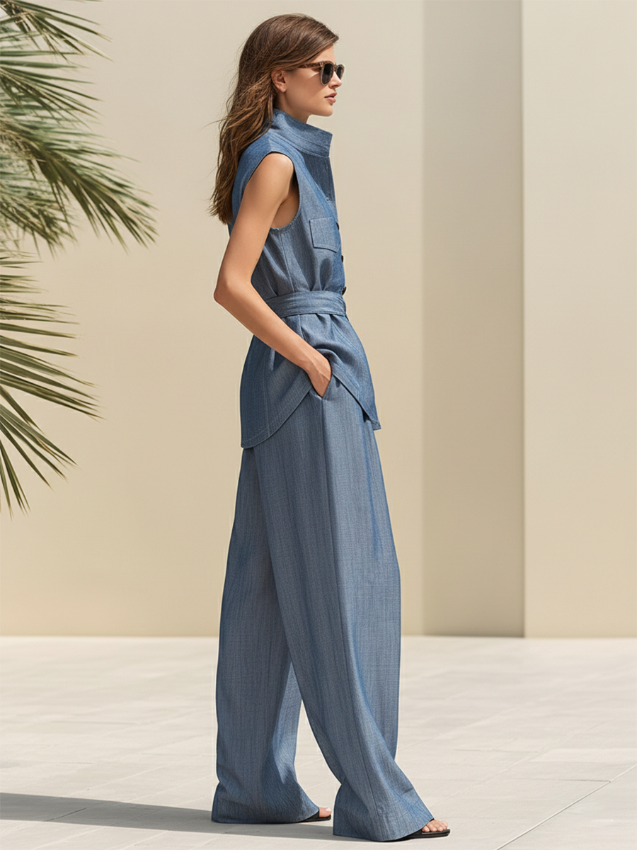 Casual Vacation Light Blue Cotton And Linen Top And Wide-leg Pants Set