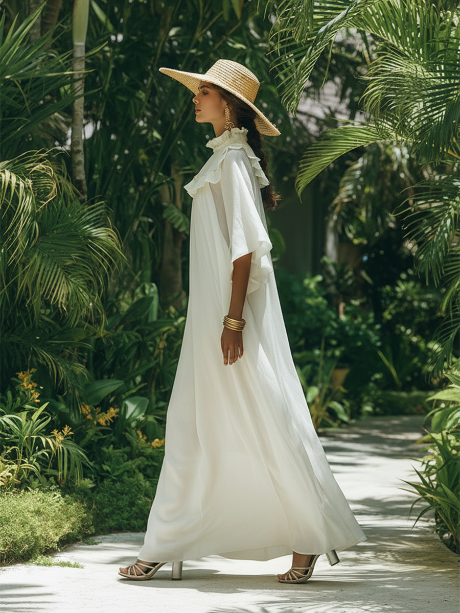 Romantic Bohemian Style Ruffled Neckline White Cotton Maxi Dress