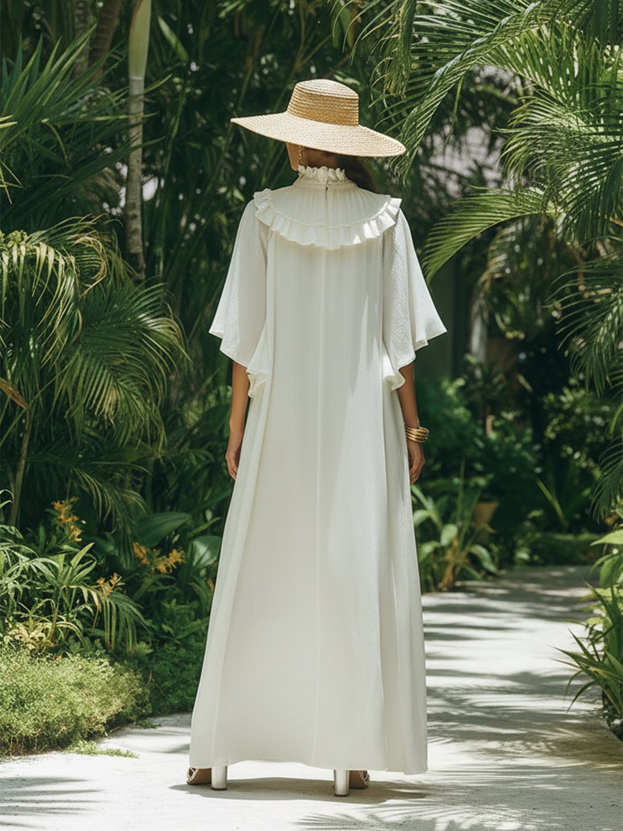 Romantic Bohemian Style Ruffled Neckline White Cotton Maxi Dress