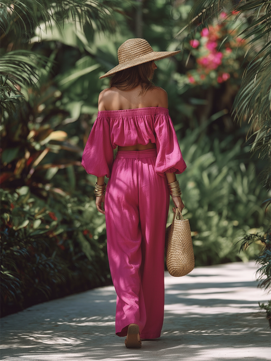 Romantic Vacation Style Cotton Off-the-shoulder Top And Wide-leg Pants Set