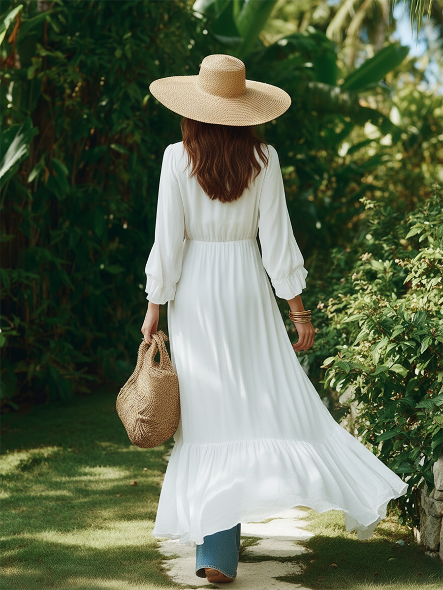 Romantic Vacation V-neck Ruffled White Chiffon Long Shirt