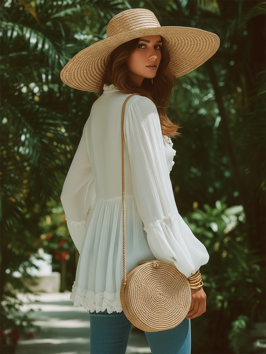 Romantic Vacation V-neck Ruffled White Chiffon Long-sleeved Shirt