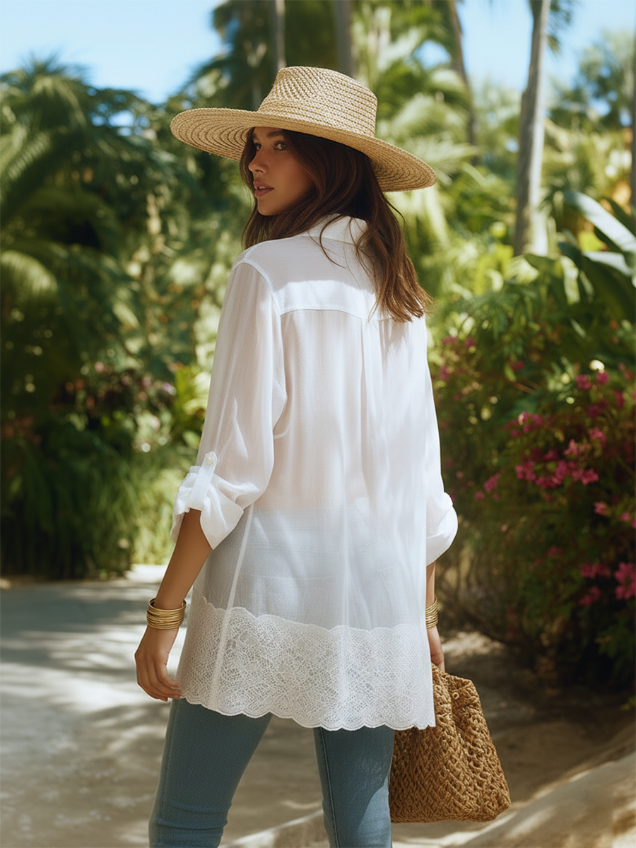 Gentle Heavy-duty Lace Hem White Tencel Long-sleeved Shirt