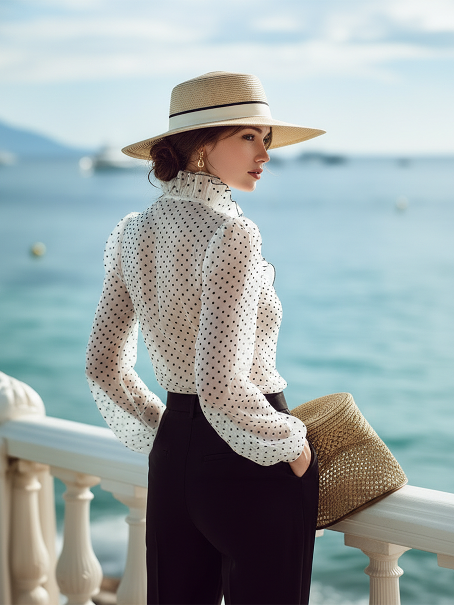 Elegant Polka Dot Ruffled V-neck Blouse