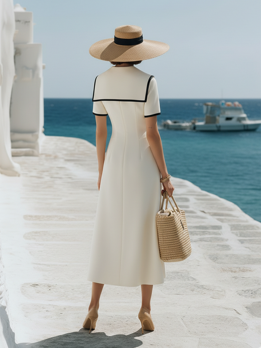 Elegant Navy Style Black Trimmed Sailor Collar Short-sleeved Maxi Dress