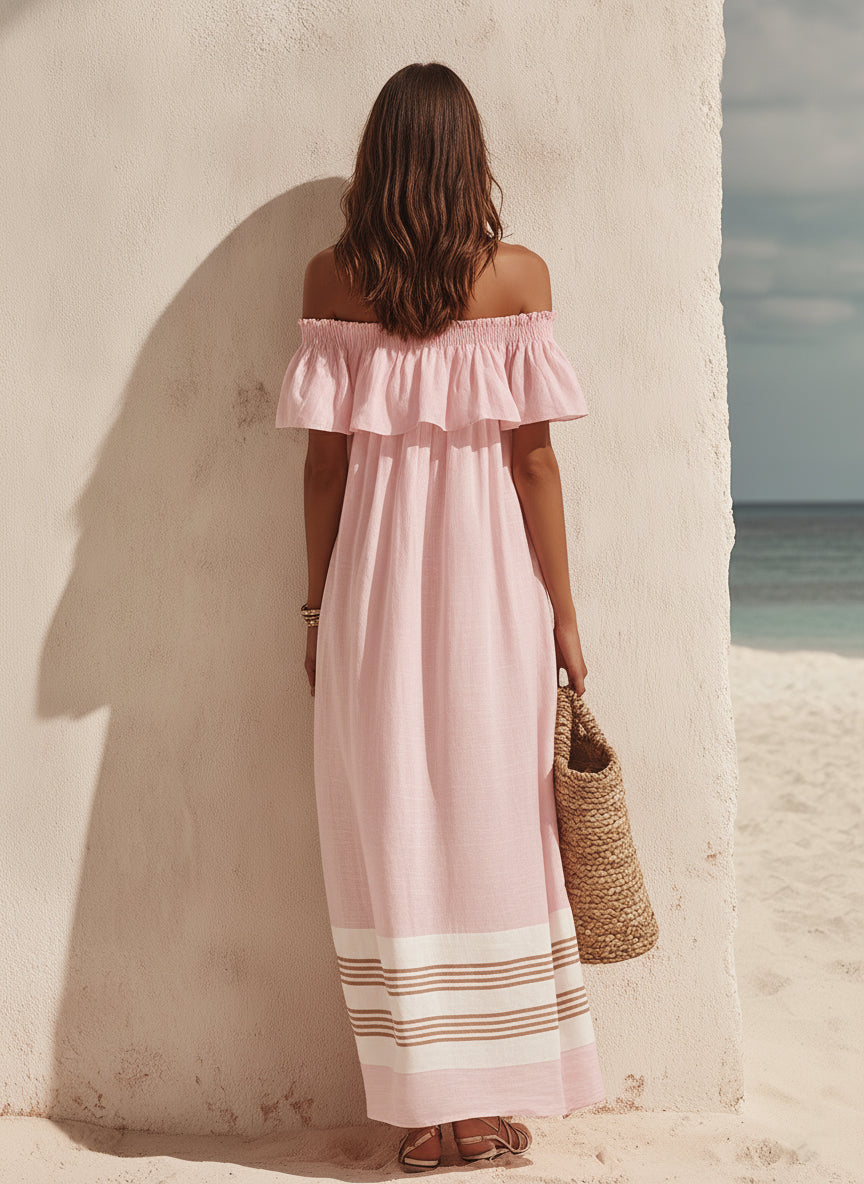 Bohemian Vacation Off-the-shoulder Ruffled Color-blocked Striped Maxi Dress