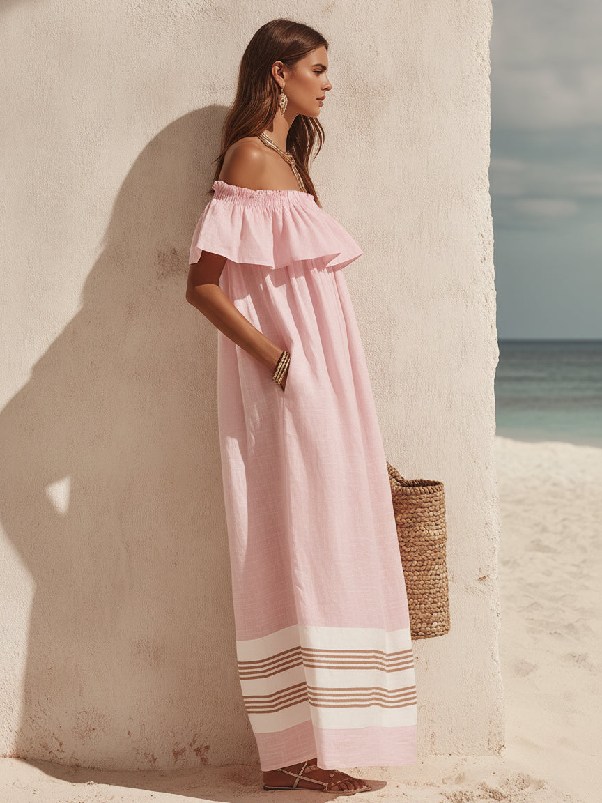 Bohemian Vacation Off-the-shoulder Ruffled Color-blocked Striped Maxi Dress