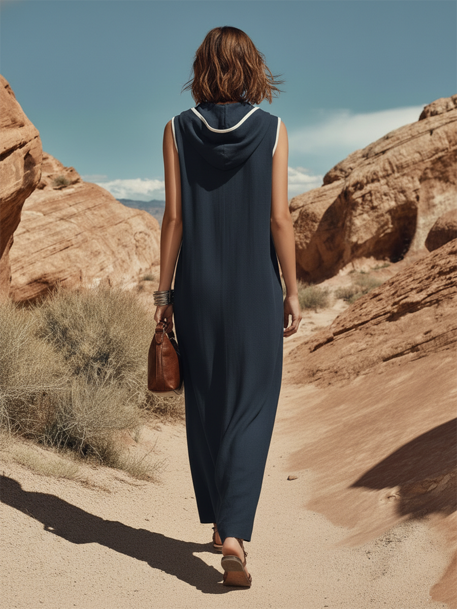 Bohemian Style Sleeveless Hooded Embroidered Maxi Dress