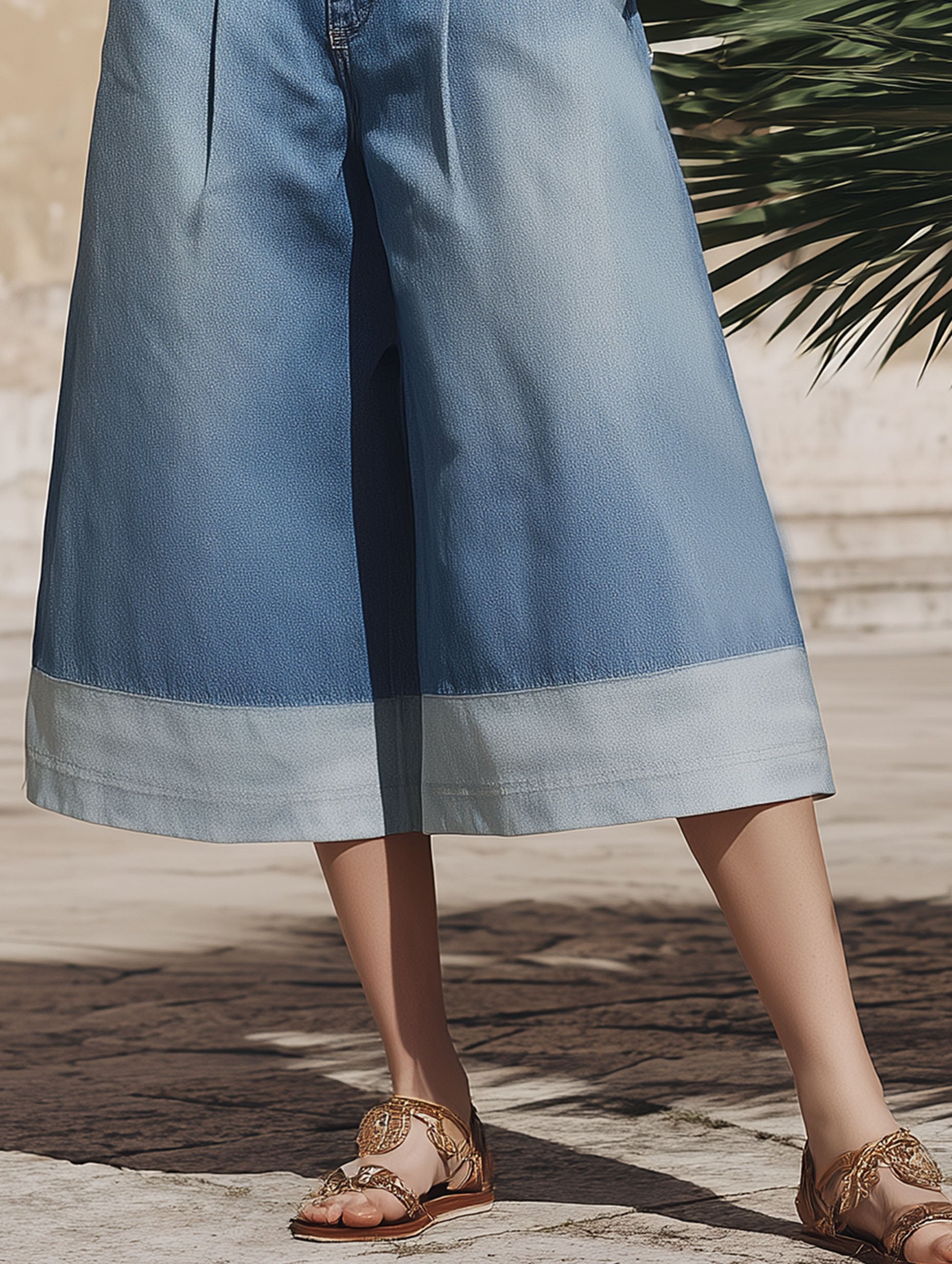 Stylish Resort-Style Light Blue Washed Patchwork Cropped Pants