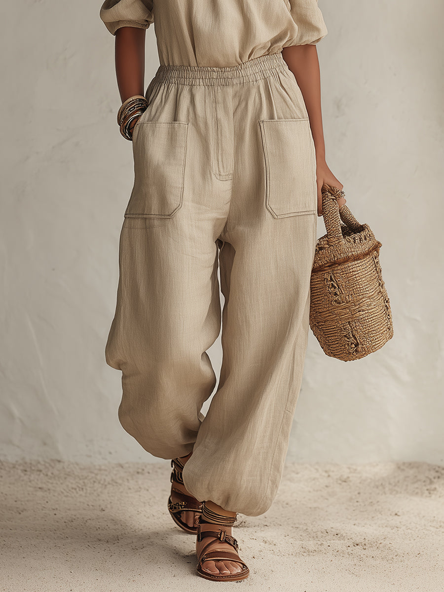 Bohemian Casual Light Khaki Cotton Linen Off-shoulder Top And Loose Trousers Set