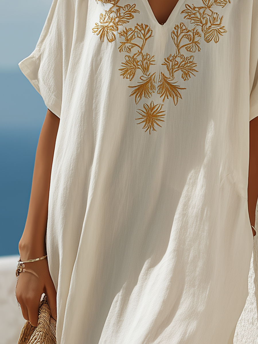Bohemian-style V-neck Embroidered White Maxi Dress