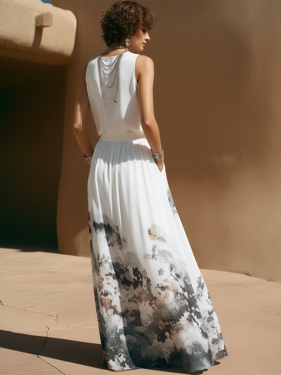 Stylish Vacation-Style Sleeveless Top And Printed Skirt Set
