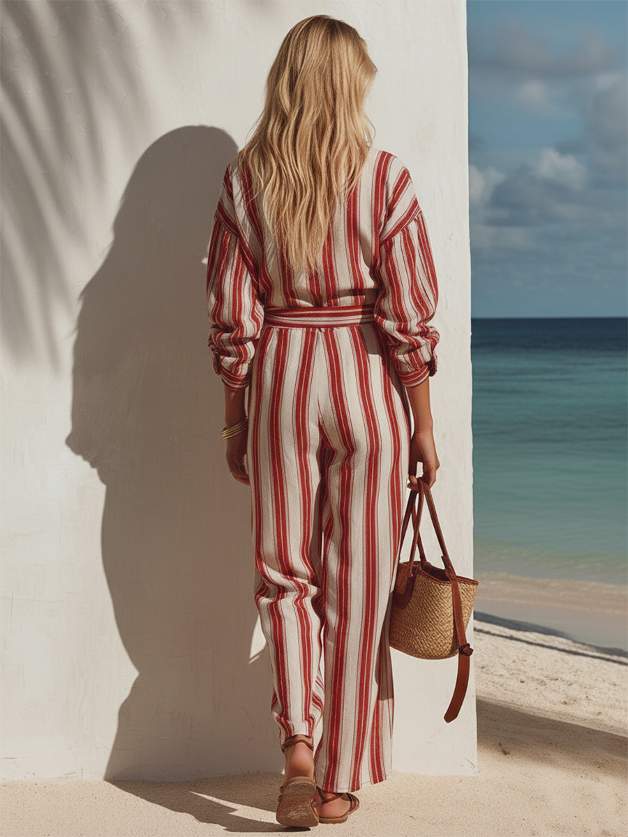 Stylish Casual Vacation Red Striped Shirt And Wide-Leg Pants Suit