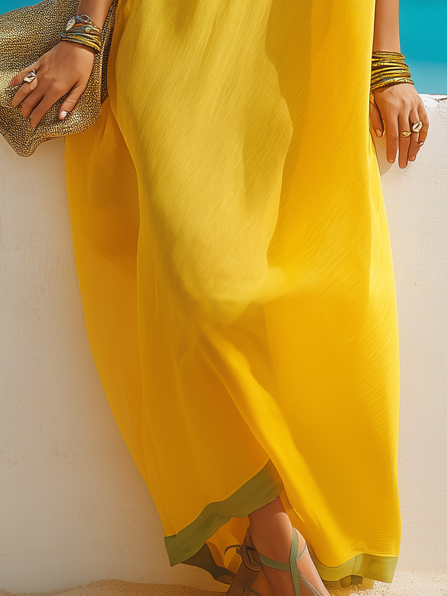 Resort-style V-neck Yellow Loose Short-sleeved Maxi Dress