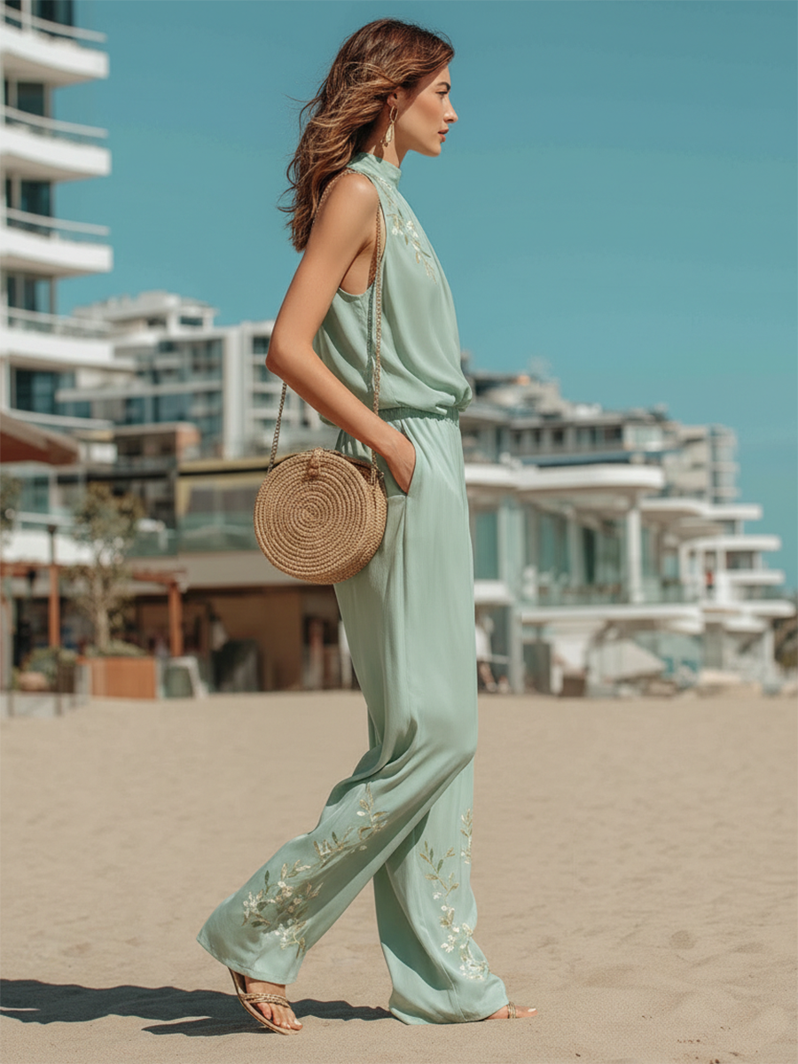 Vacation-style Cotton Sleeveless Turtleneck Embroidered Top And Pants Set