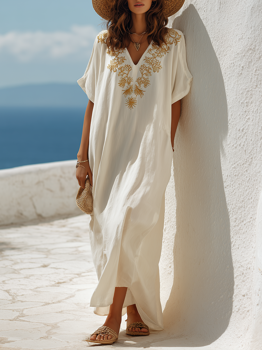 Bohemian-style V-neck Embroidered White Maxi Dress