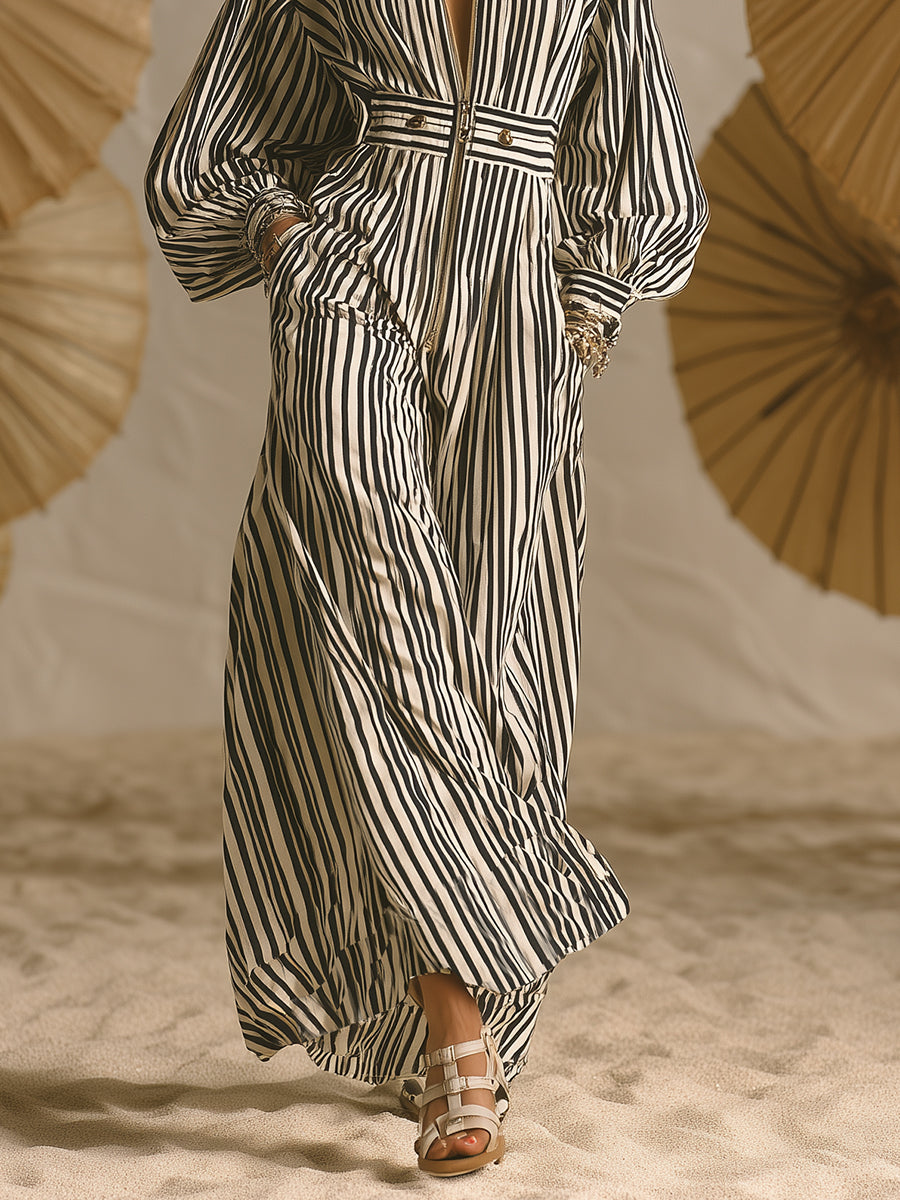 Mediterranean-style Black And White Striped Zip-up Maxi Dress