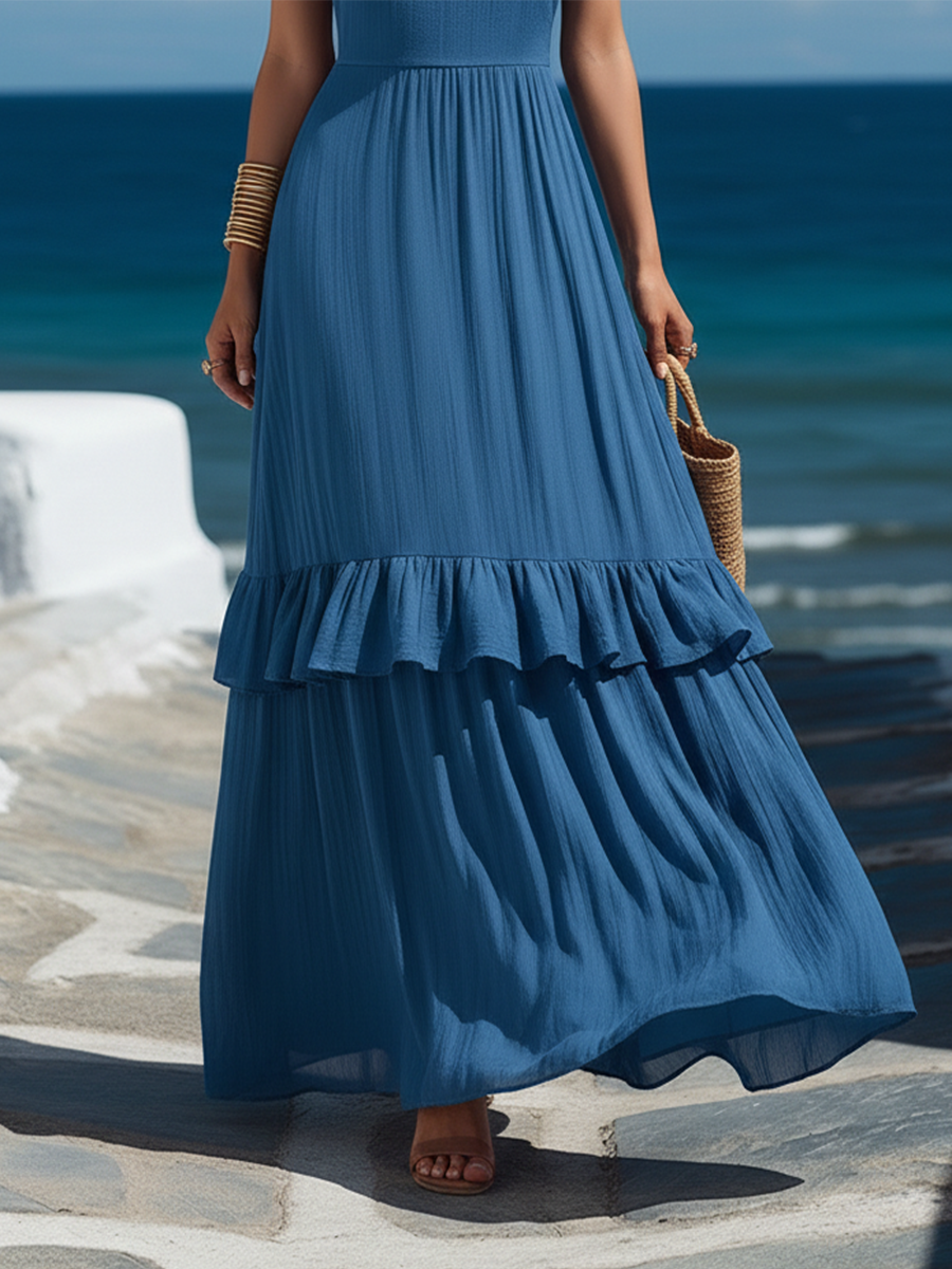 Elegant And Sexy Ruffled Back Blue Chiffon Maxi Dress