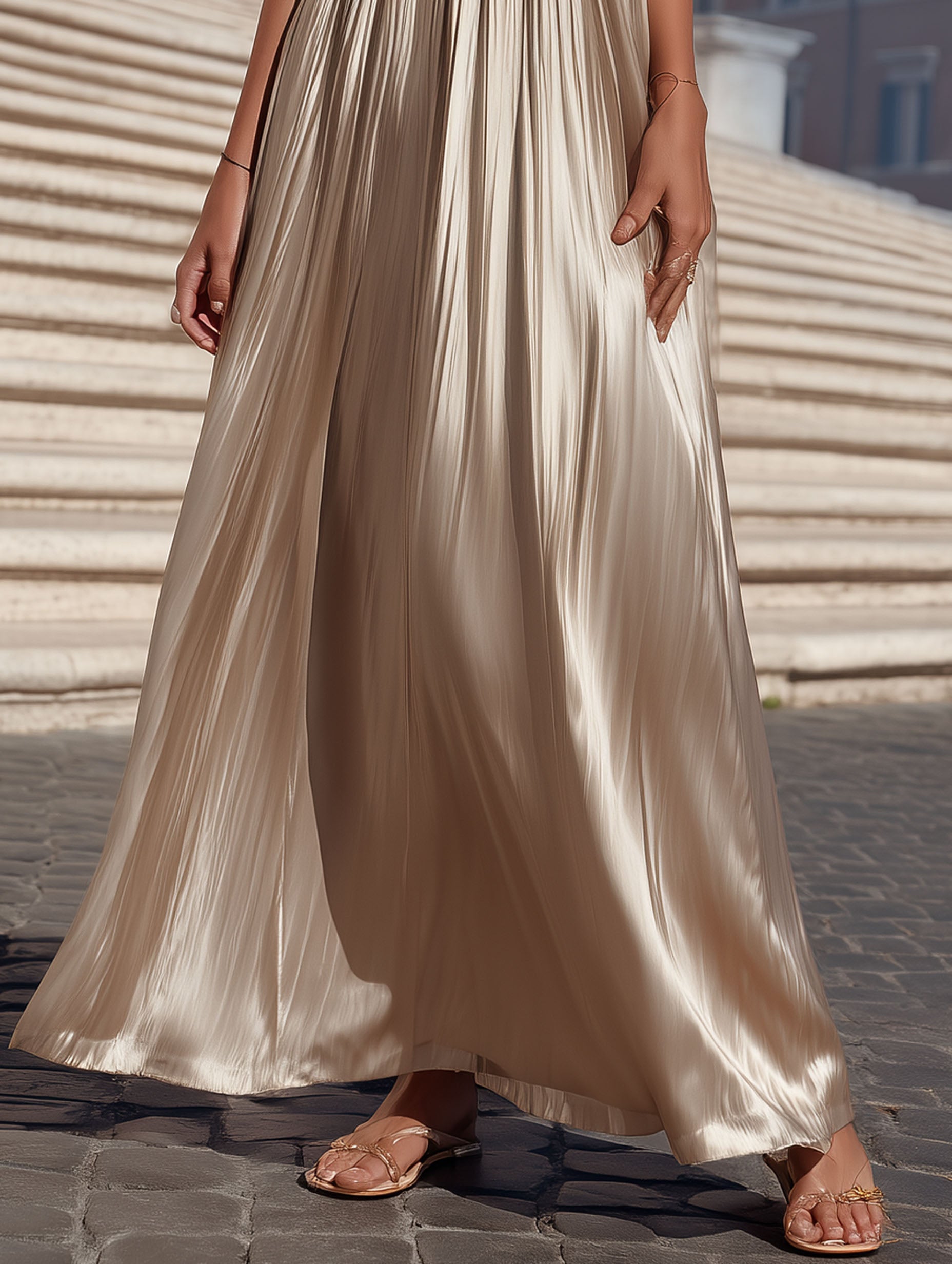 Resort-Style French Satin Champagne Maxi Dress