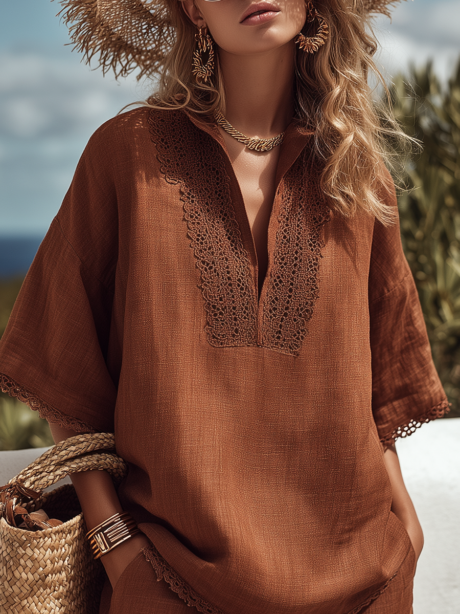 Loose-fitting Resort-style Brown Lace Trim Short-sleeved Top And Shorts Set