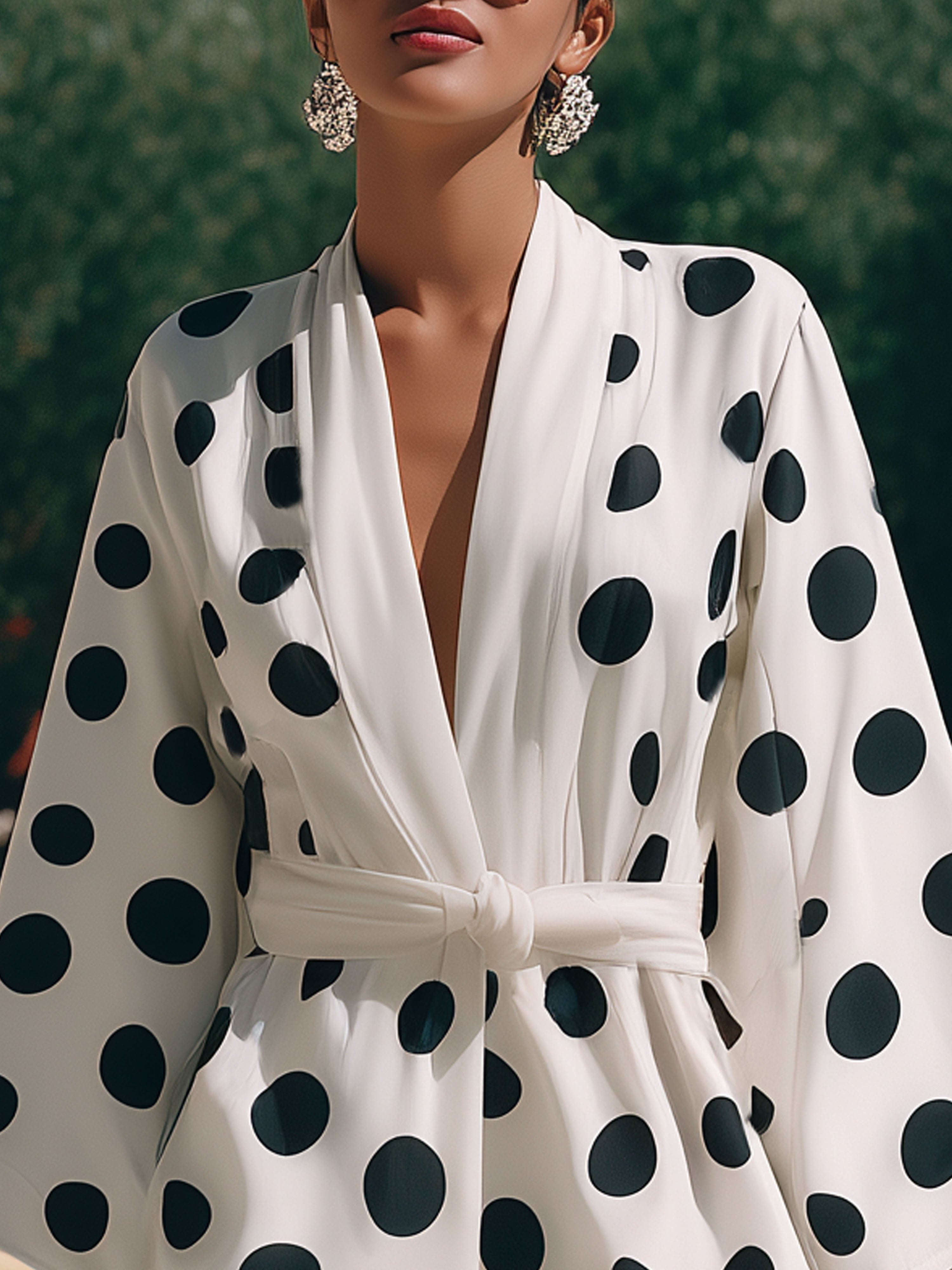 Resort-Style Black Polka Dot White Long-Sleeved V-Neck Shorts Jumpsuit