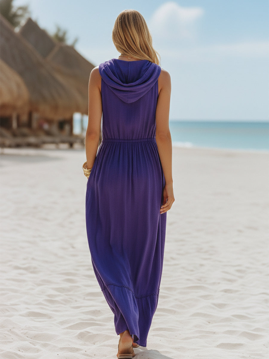 Bohemian Vacation Loose Purple Sleeveless Hooded Maxi Dress