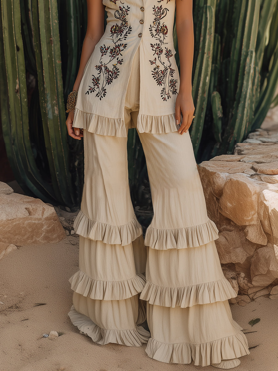 Bohemian Embroidered Off-white Cotton And Linen Vest With Ruffled Wide-leg Pants Set