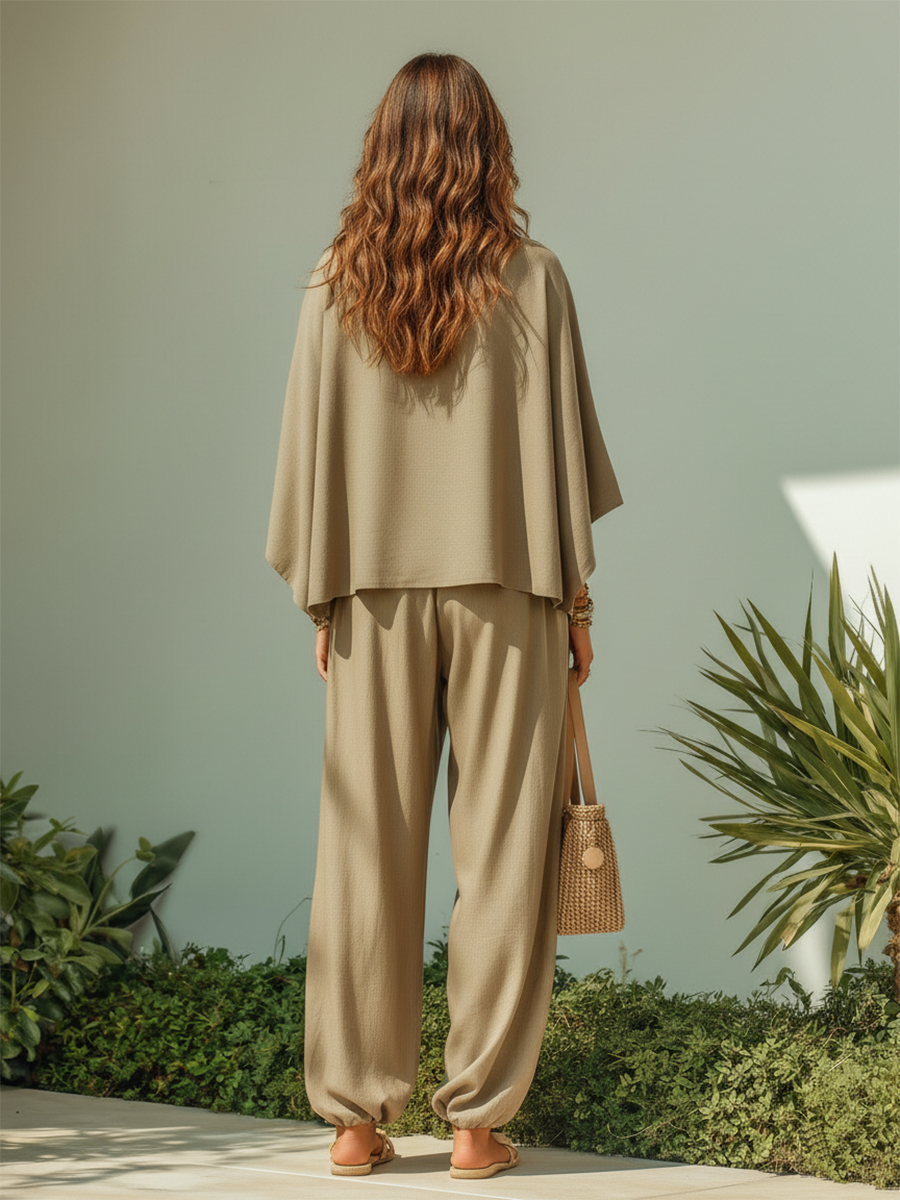 Resort-style Brown Long-sleeved Button-down Top And Trousers Set