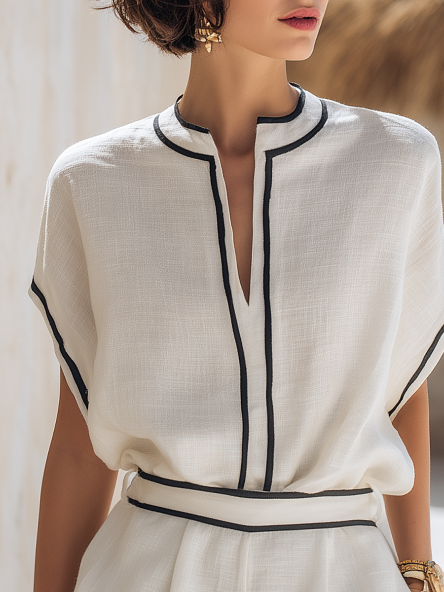 Minimalist Resort Contrasting Black Trim White Tencel Top And Shorts Set