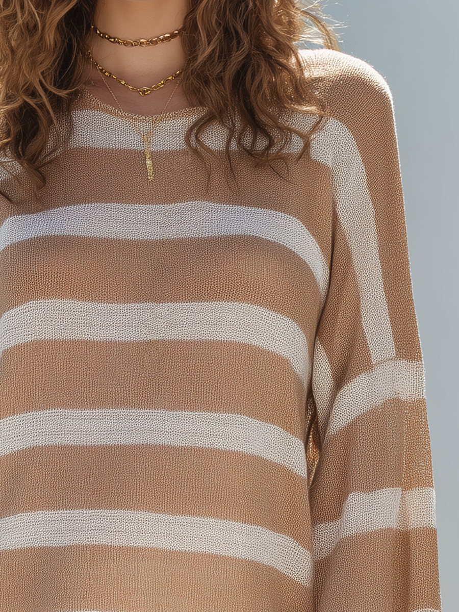 Resort-style Brown Wide-striped Round Neck Knit Long-sleeved Top