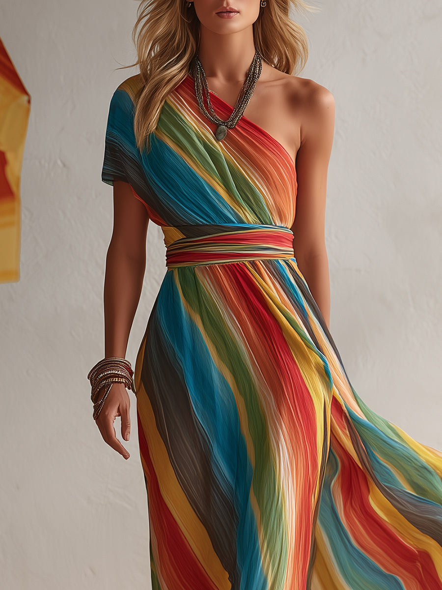 Bohemian Resort Rainbow Striped Chiffon One-Shoulder Maxi Dress