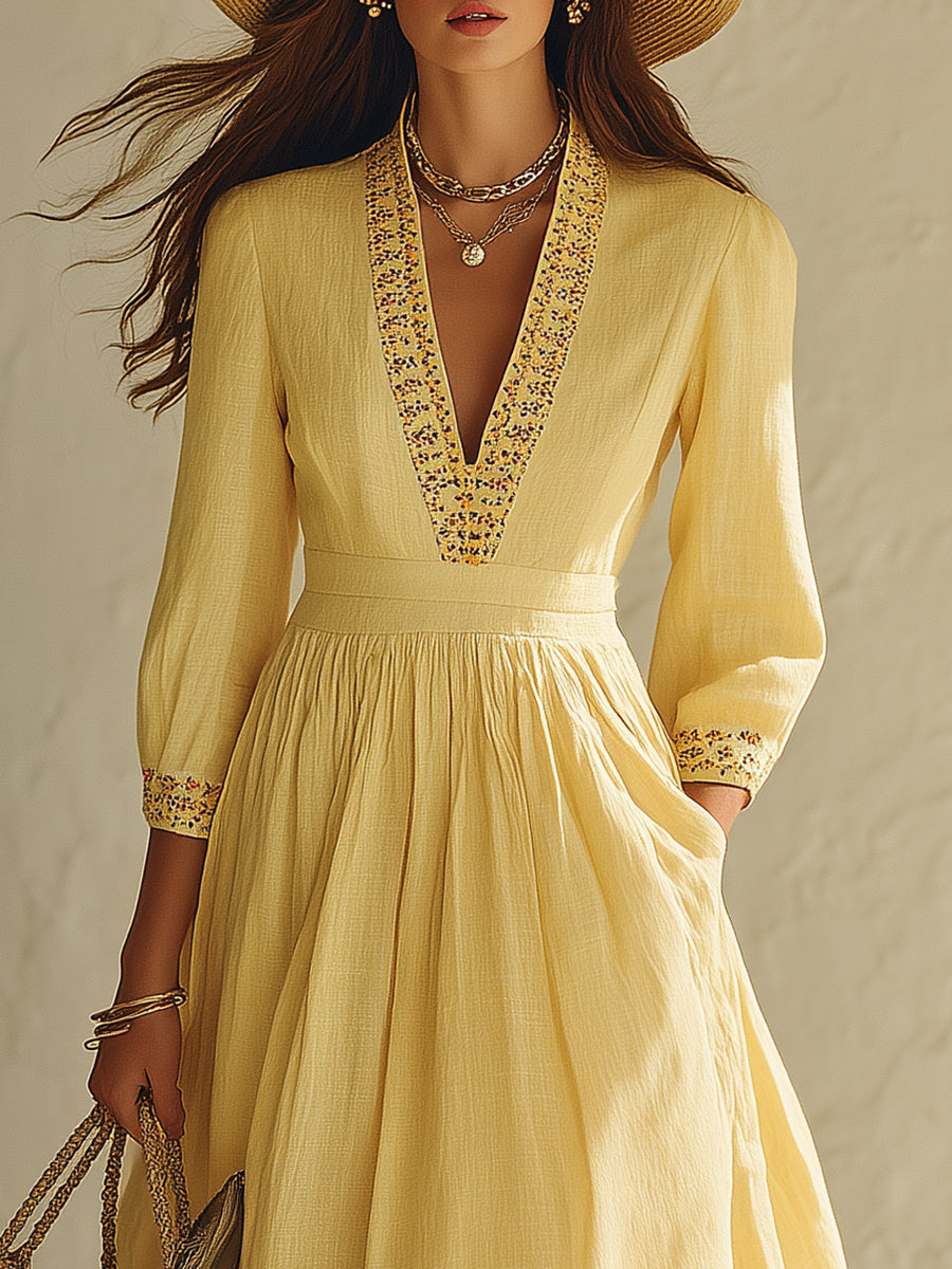 Mediterranean Romantic Pale Yellow Cotton Linen Embroidered V-Neck Midi Dress